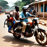 A chaotic Liberian street scene: Overloaded motorbike with multiple passengers, some without helmets, weaving through traffic. A dilapidated vehicle speeds by, kicking up dust. In the background, pothole-filled roads and a lack of streetlights are visible. Capture a sense of urgency and disregard for traffic laws.