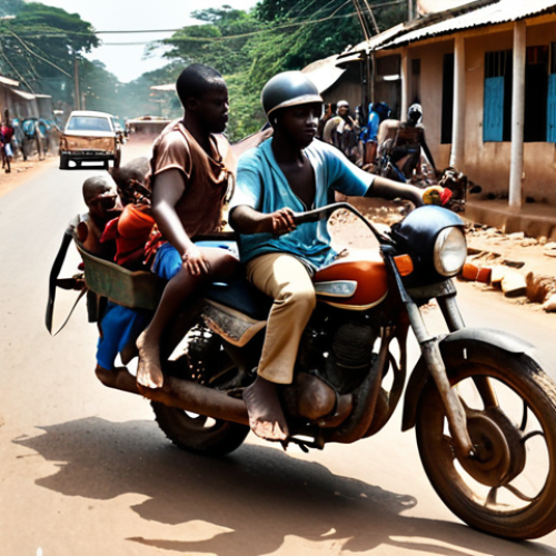 Home 4 A chaotic Liberian street scene: Overloaded motorbike with multiple passengers, some without helmets, weaving through traffic. A dilapidated vehicle speeds by, kicking up dust. In the background, pothole-filled roads and a lack of streetlights are visible. Capture a sense of urgency and disregard for traffic laws.