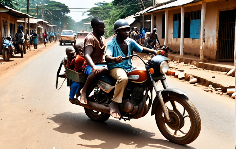 A chaotic Liberian street scene: Overloaded motorbike with multiple passengers, some without helmets, weaving through traffic. A dilapidated vehicle speeds by, kicking up dust. In the background, pothole-filled roads and a lack of streetlights are visible. Capture a sense of urgency and disregard for traffic laws.