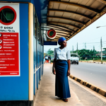 **Image:** A modern, fully-clothed woman in professional attire (modest blouse and skirt) waiting at a clean bus stop in Monrovia, Liberia. The bus stop has clear signage. Background: bustling street scene with other pedestrians. Quality: professional photograph, bright lighting, safe for work, appropriate content, perfect anatomy, natural pose.