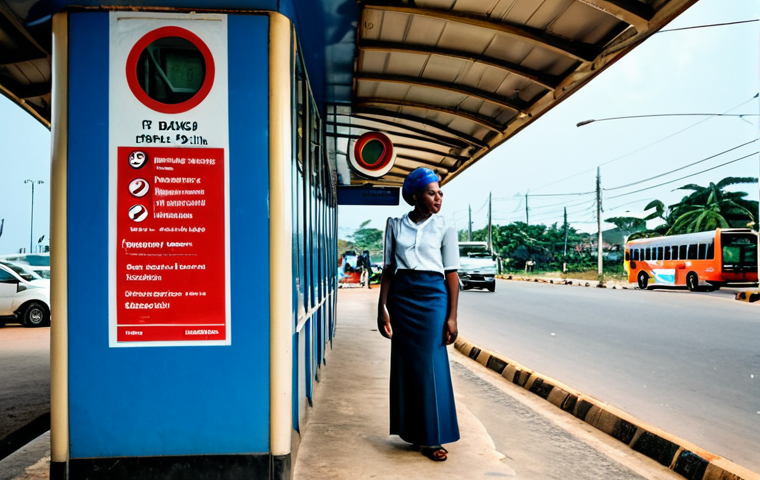 **Image:** A modern, fully-clothed woman in professional attire (modest blouse and skirt) waiting at a clean bus stop in Monrovia, Liberia. The bus stop has clear signage. Background: bustling street scene with other pedestrians. Quality: professional photograph, bright lighting, safe for work, appropriate content, perfect anatomy, natural pose.